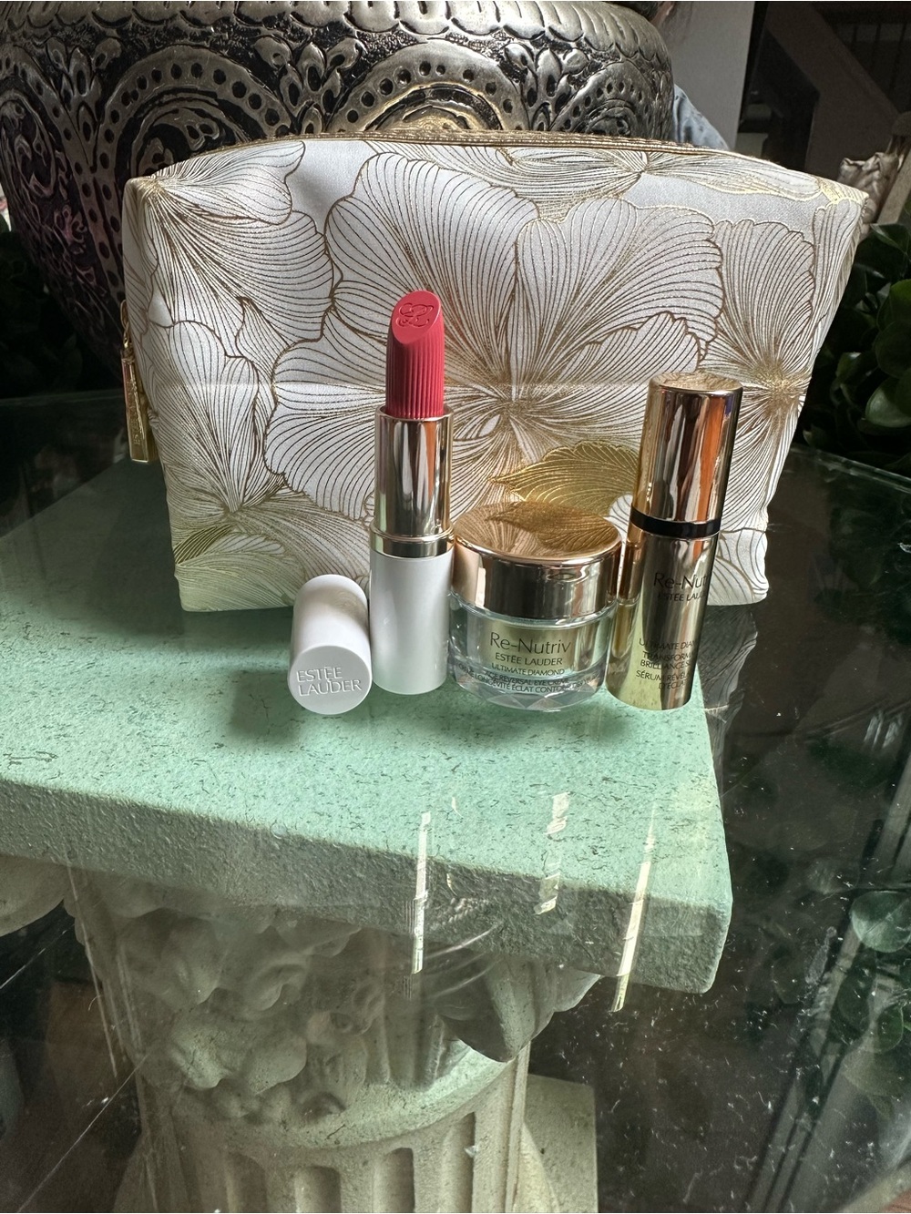Estee Lauder Pink Lipstick & Skincare Set with Floral Cosmetic Bag